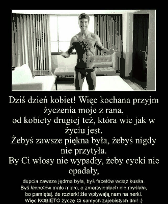 Czarna kartka z mężczyzną i życzeniami na dzień kobiet